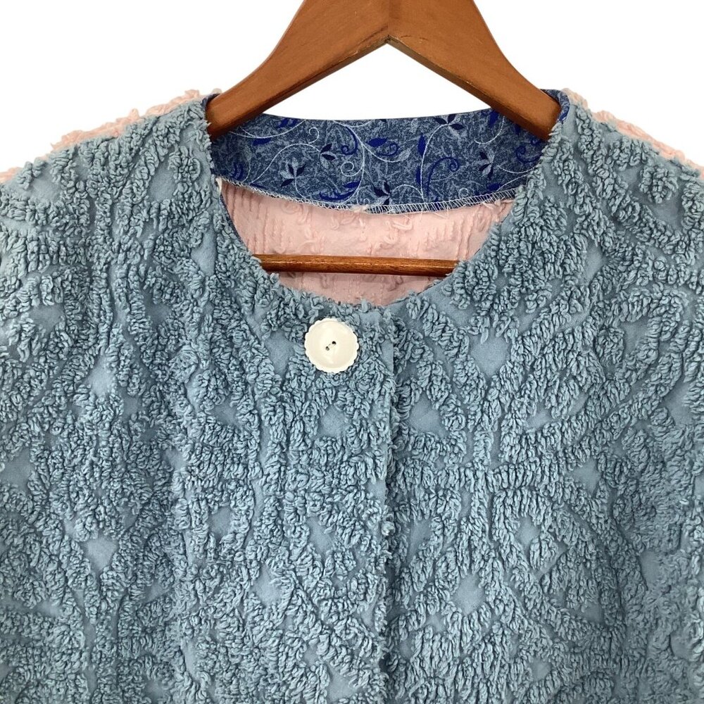 Handmade Women's XL Color Block Terrycloth Cardigan Jacket Blue Pink White - Picture 3 of 4